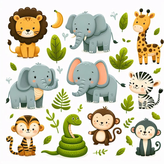 Photo jungle animal image set cute animals icons with safari costume