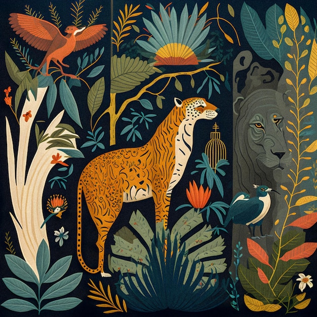 Jungle animals set pattern illustration flat colorful design granular texture