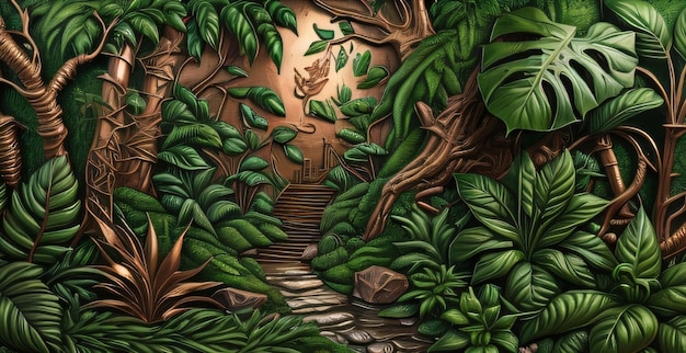 jungle background painting of a jungle scene with a green plant and a green leafy New generative ai