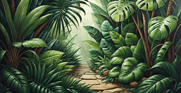 jungle background painting of a jungle scene with a green plant and a green leafy New generative ai