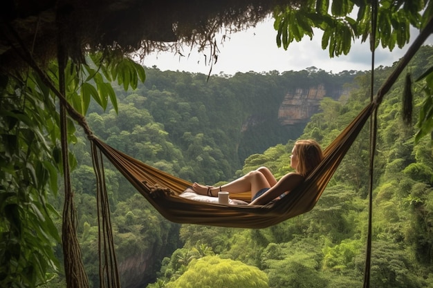 Jungle Bed hanging over the tropical forest with Caucasian female resting while looking at the view