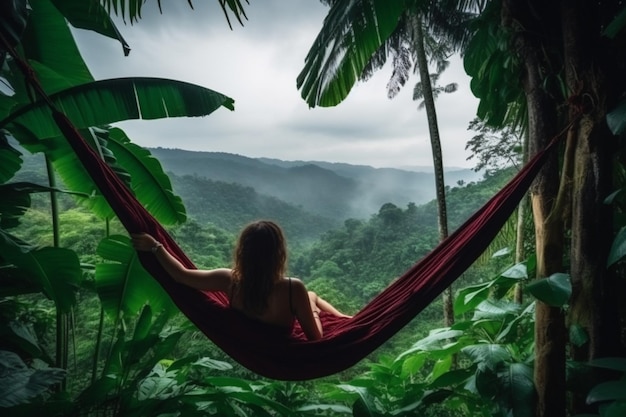 Jungle Bed hanging over the tropical forest with Caucasian female resting while looking at the view