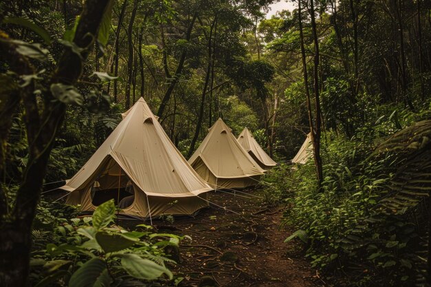 Jungle camping adventure tents set up in the middle of a lush forest surroundings