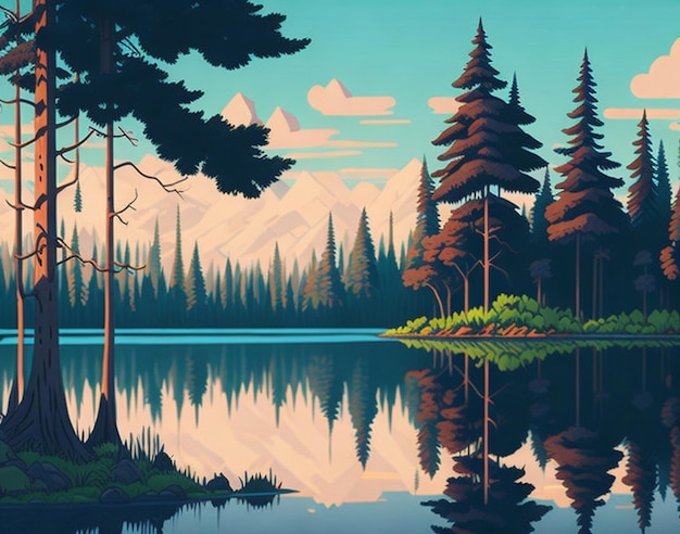 Jungle cartoon style Forest scene with lake and trees Nature landscape background AI Generated