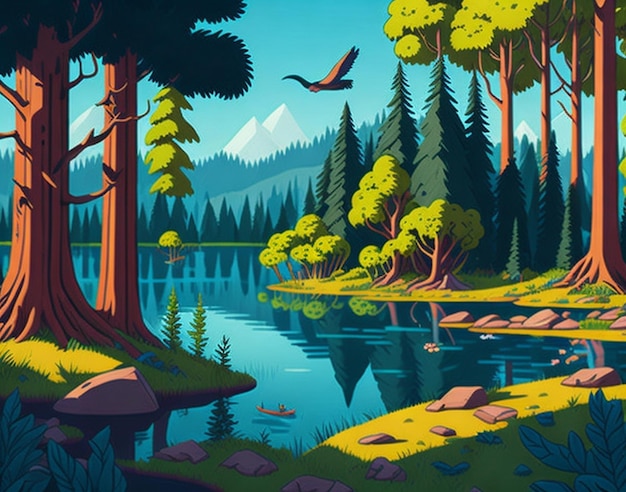 Jungle cartoon style Forest scene with lake and trees Nature landscape background AI Generated