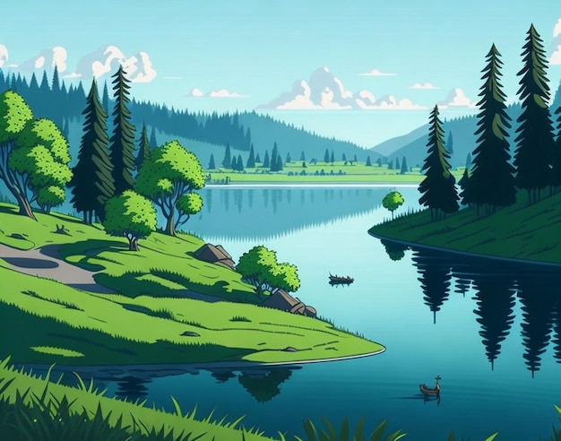 Jungle cartoon style Forest scene with lake and trees Nature landscape background AI Generated