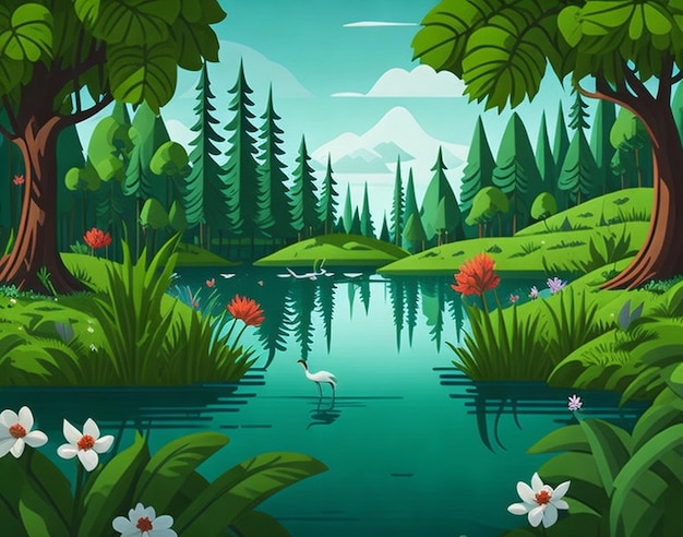 Jungle cartoon style Forest scene with lake and trees Nature landscape background AI Generated