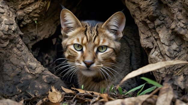 A jungle cat cautiously peeks its head out from a small cave formed at the base of a tree