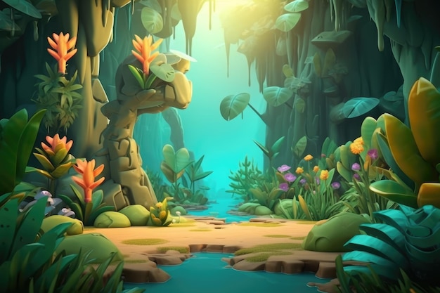 Jungle Colorful Cartoon Illustration of a Forest