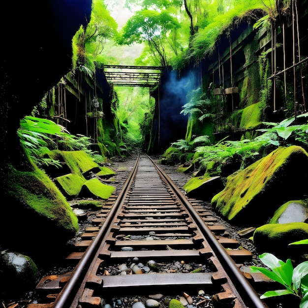 a jungle filled with lots of trees and rocks and an abandoned railroads scene from the movie