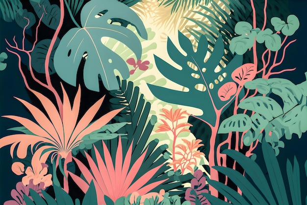 Jungle floral pattern in hawaii, pastel colors illustration