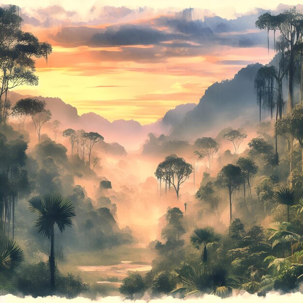 Jungle forest scenery magical cloudy sun Watercolor style