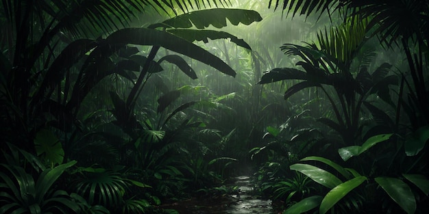 Jungle during heavy rain Dark tropical forest with exotic plants palm trees big leaves and ferns Scary thicket of the rainforest Streams of water wet green vegetation and ground Generative AI