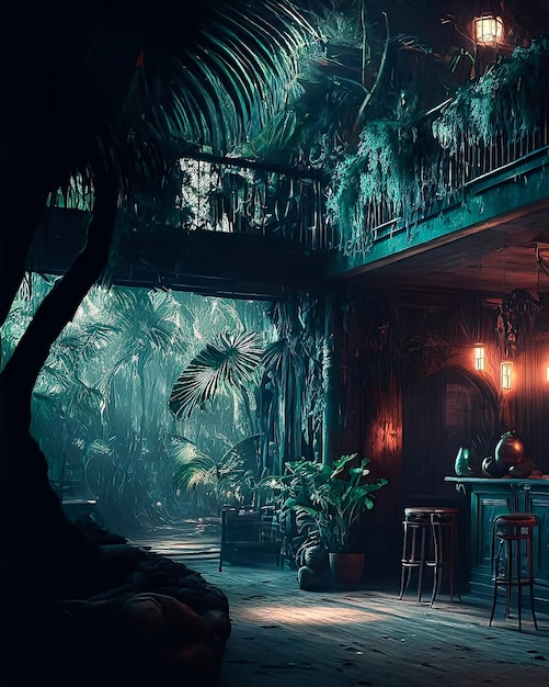 A jungle house with a bar and a tree in the background