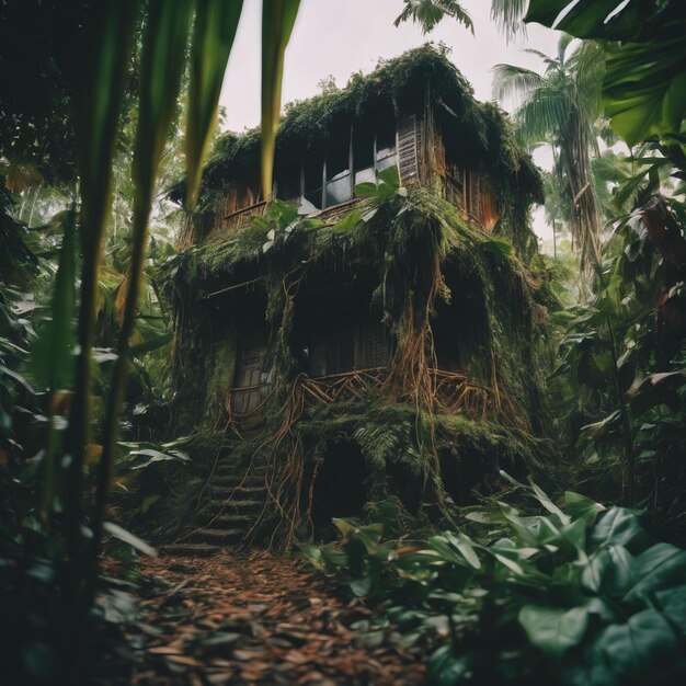 Photo a jungle house with vines and roots serving as roads and buildings made of leaves colorful detail