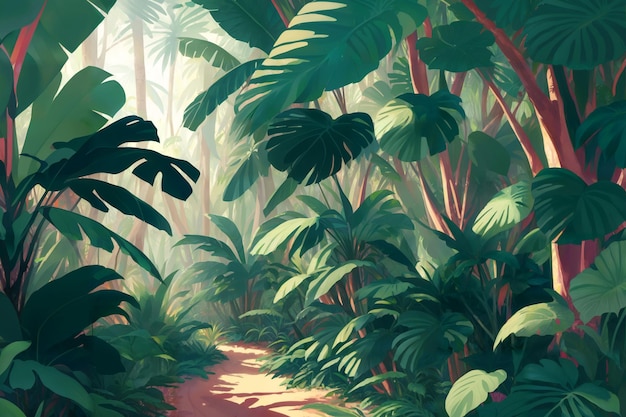 Jungle illustration Painted beautiful tropical forest with exotic plants palm trees big leaves and ferns Thicket of the rainforest Nature drawing with green vegetation Generative AI