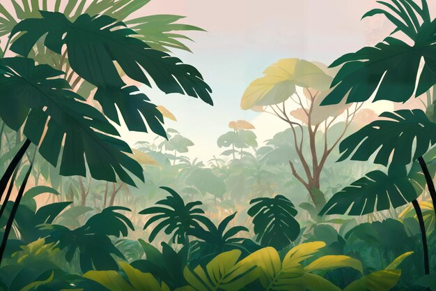 Jungle illustration Painted beautiful tropical forest with exotic plants palm trees big leaves and ferns Thicket of the rainforest Nature drawing with green vegetation Generative AI