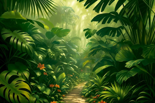 Jungle illustration on a sunny day Beautiful tropical forest with exotic plants flowers palm trees big leaves and ferns Thicket of the rainforest Brightly lit green vegetation Generative AI