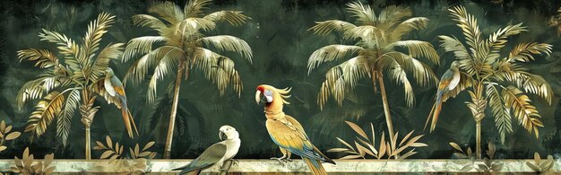 Photo jungle mural wallpaper design with parrot colorful design tropical and exotic ai generated illustration