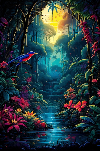 jungle night in the style of colorful landscapes bird illustration with colorful tropical flowers