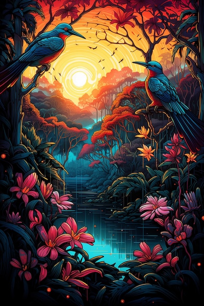 jungle night in the style of colorful landscapes bird illustration with colorful tropical flowers