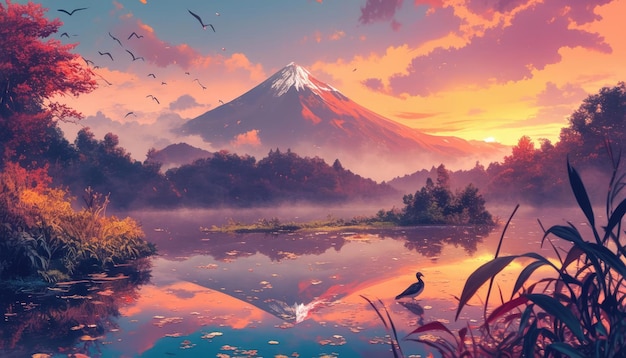 Jungle path leading to a seclMajestic Mount Fuji with a vibrant sunset sky reflected in a calm lake