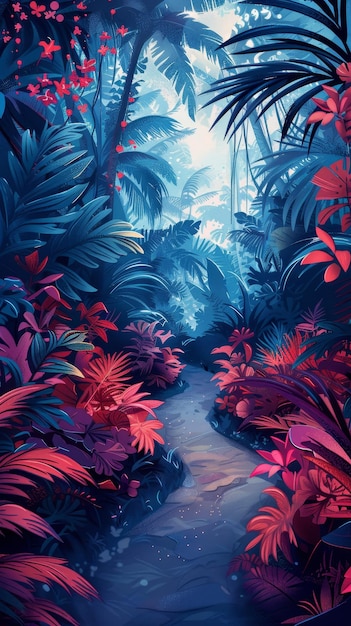 Jungle Path with a Blue and Red Palette