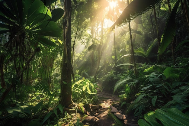 A jungle path with sun shining through the trees