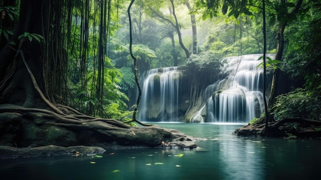 Jungle Rain Forest Scenic Landscape Erawan Waterfall in Deep Tropical Jungle Kanchanaburi