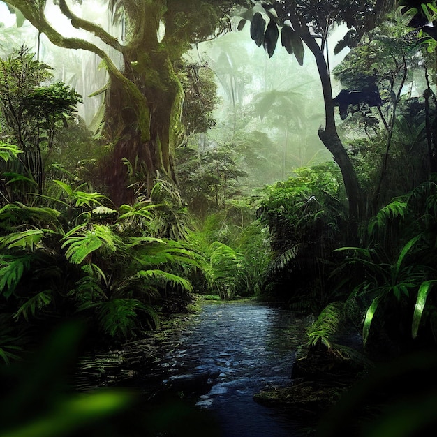 Jungle rainforest with river and fog over tree