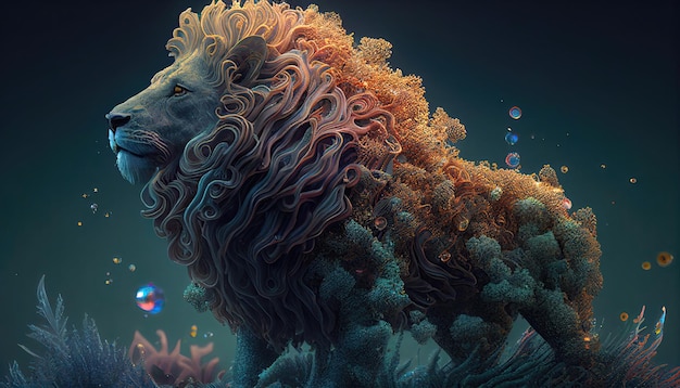 Jungle Royalty Lionshaped Sea Corals Spirals and Starry Space Elements with Generative AI