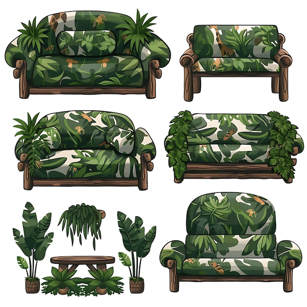 Photo jungle safari sofa set featuring lush green and earthy brown illustration furniture game assets