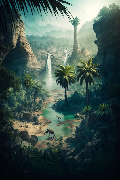 Jungle scene with palm trees and waterfall Generative AI