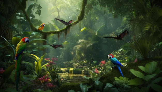 A jungle scene with a parrots on a branch