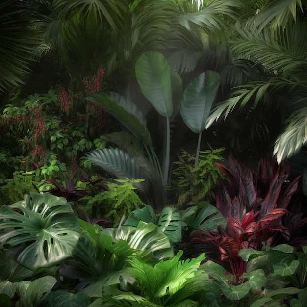 A jungle scene with plants and flowers.