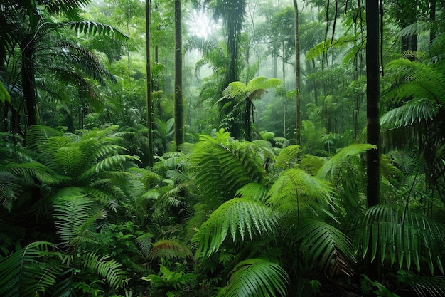 a jungle scene with a rain shower curtain A lifelike 3D rendering of a lush tropical rainforest