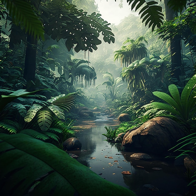 A jungle scene with a river in the middle and a jungle scene.