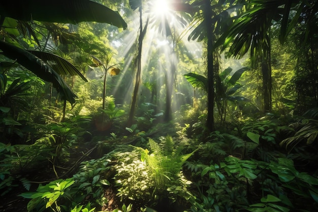 A jungle scene with the sun shining through the trees