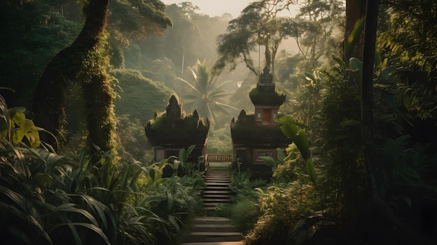 A jungle scene with a temple in the middle of the jungle.