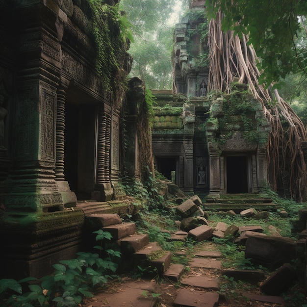 A jungle scene with a tree growing on the left and a temple with a mossy building on the right.