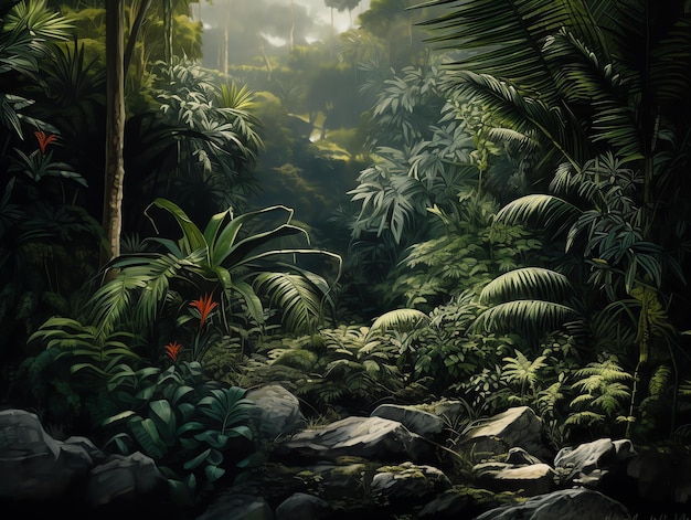 A jungle scene with a tropical jungle scene