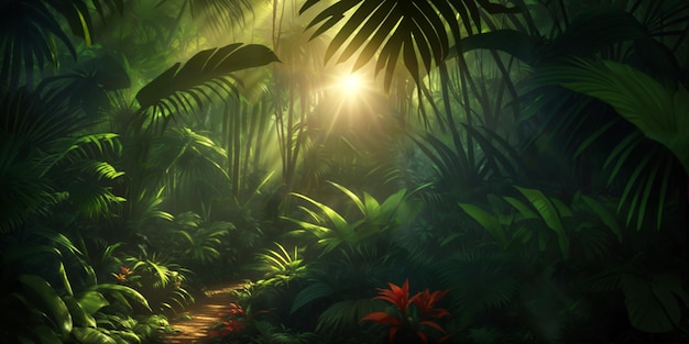 Jungle on a sunny day Beautiful tropical forest with exotic plants flowers palm trees big leaves and ferns Thicket of the rainforest Bright sun sunbeams through the foliage Generative AI