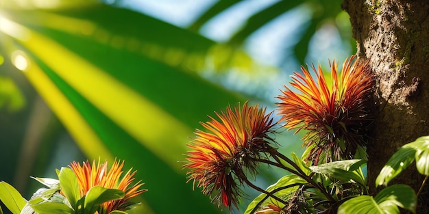 Jungle on a sunny day Beautiful tropical rainforest illustration with exotic plants flowers palms big leaves and ferns Bright sunbeams Background with pristine nature landscape Generative AI