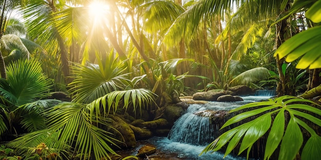 Jungle on a sunny day Beautiful tropical rainforest illustration with exotic plants palms big leaves and flowing water Bright sunbeams Background with pristine nature landscape Generative AI