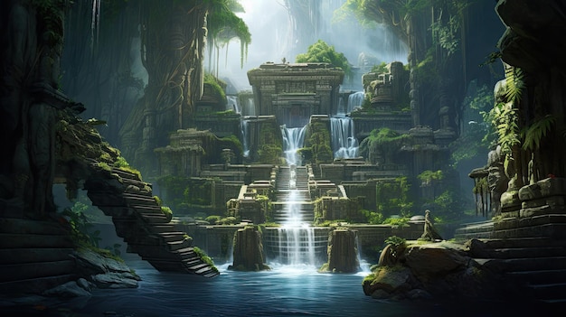 Jungle temple hidden behind cascading waterfalls