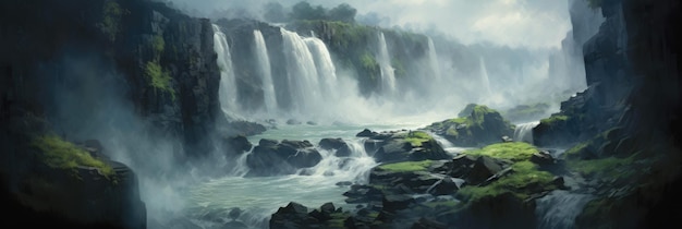 Jungle waterfall Panoramic view Digital art