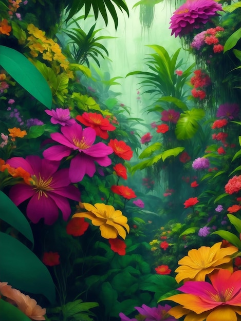 Jungle with colorful blooming flowers Generative AI Illustration