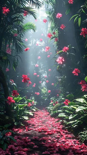 a jungle with flowers and plants in it