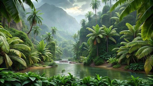 a jungle with a river and a mountain in the background