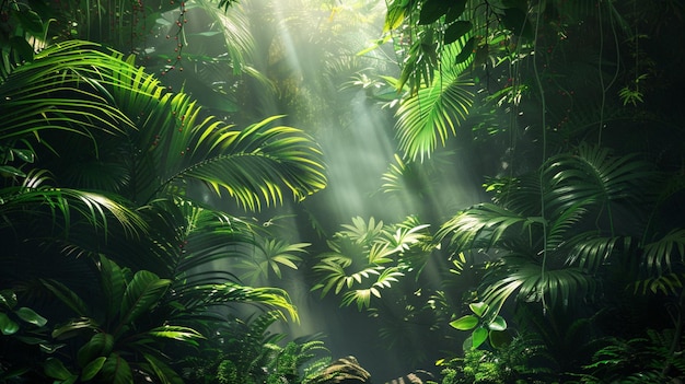 a jungle with the sun shining through the leaves